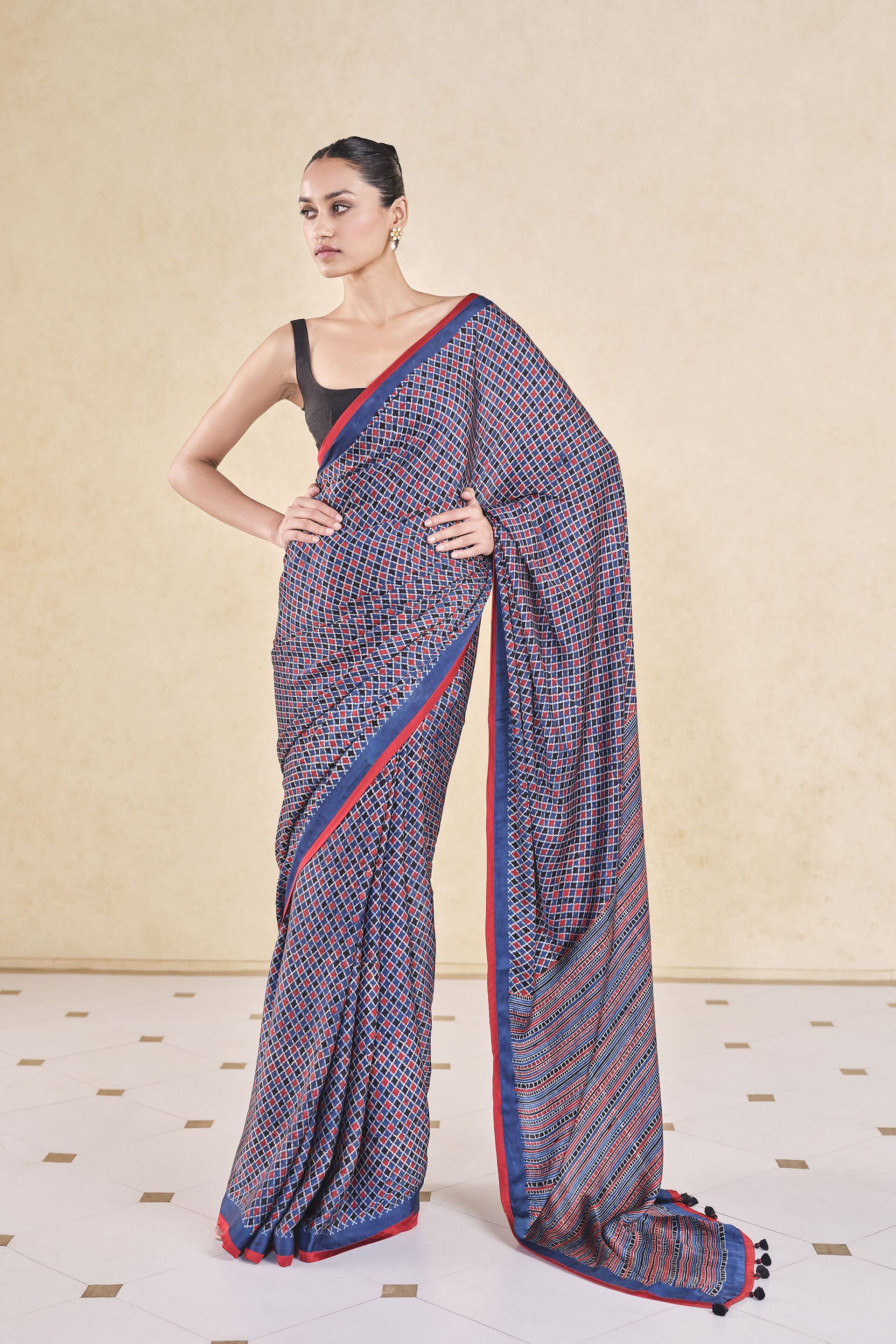 Briscoe Handcrafted Ajrakh Saree, Indigo, image 1